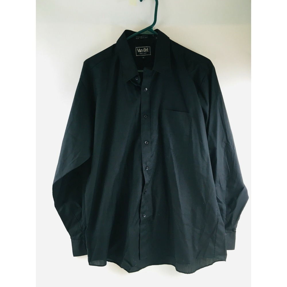 Van Cort Dress Shirt Men's Size Large Solid Black Front Pocket Button Down